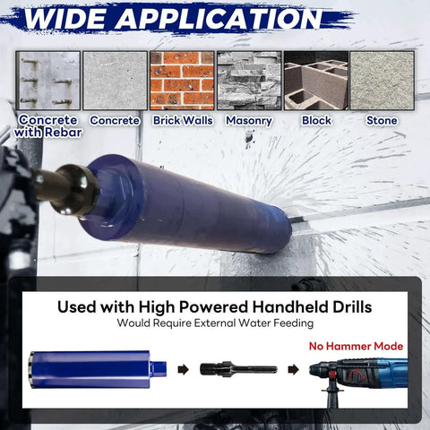 3 Inch Concrete Core Drill Bit With SDS Max Adapter Kit One And A Quarter Inch 7 UNC Thread 14 Inch Cutting Depth in use on wall.