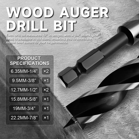 Close-up of 8 Piece 12 Inch Long Auger Drill Bit Set for Wood with Quick Change Hex Shank Pro Grade Workhorse.