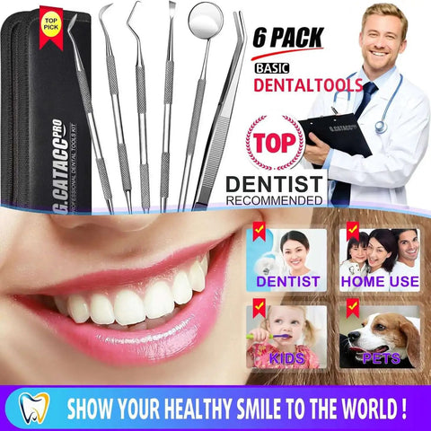 Six Piece At Home Dental Hygiene Kit for Plaque and Tartar Removal Stainless Steel Dental Picks With Case displayed with smiling person