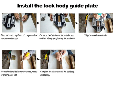 Step-by-step guide for installing a lock body using Aluminum Alloy Door Hinge Jig For Woodworking DIY Friendly Pro Grade Hole Opener.
