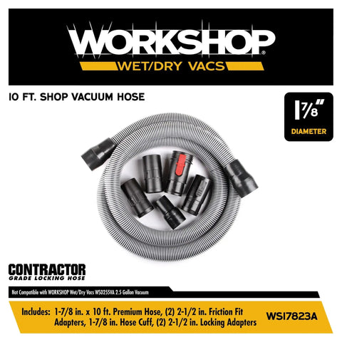 Long 1.875-Inch By 10-Foot Heavy Duty Contractor Hose For Wet Dry Shop Vacuums coiled with attachments shown