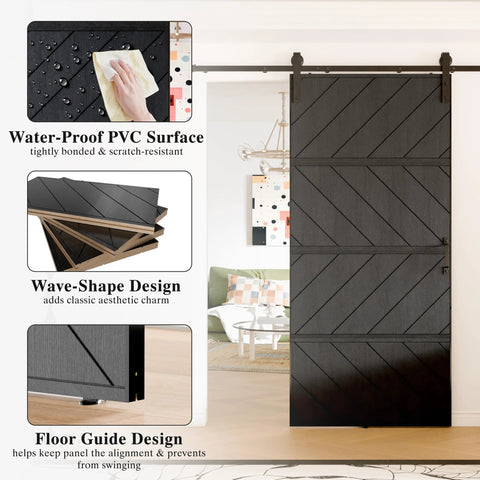36 By 84 Inch Sliding Barn Door MDF With Waterproof Surface DIY Assembly Ready Pre Drilled Slab With Installation Hardware Kit Black Finish Durable Home Interior Room Door shown with design features