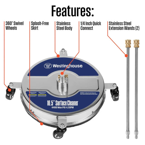 16.5 Inch Surface Cleaner Attachment 4400 PSI stainless steel, swivel wheels, quick connect, extension wands shown