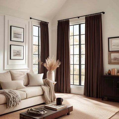 Luxury Velvet Blackout Curtains 96 Inches Long In Brown Tan Terracotta With Pinch Pleat Design in living room with sofa and decor