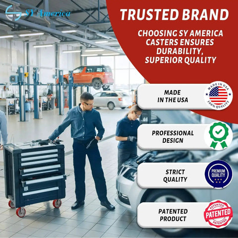 Mechanics in a workshop with tool cart using SY America casters for durability and quality, highlighting made in USA and patented product.