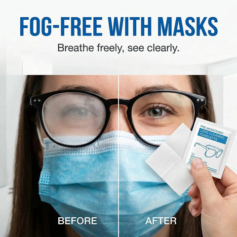 Anti Fog Lens Wipes For Glasses And Goggles Defogger Towelettes 160 Count shown in use with fog-free glasses and mask.