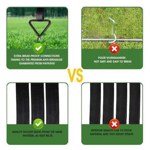 Comparison of Beefy Heavy Duty Trampoline Ground Anchors 4 Pack with Straps vs inferior anchors, highlighting quality and durability.