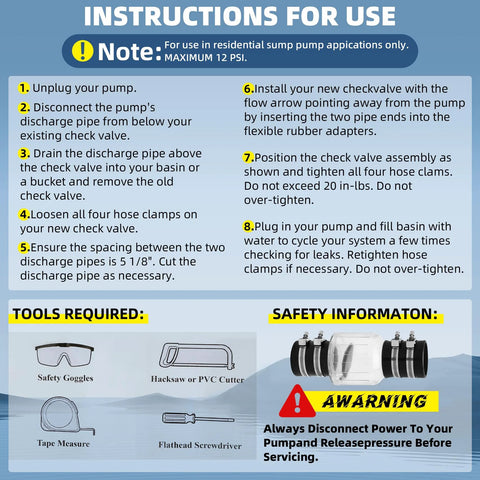 2-Inch silent PVC check valve installation guide with stainless clamps and four tools shown