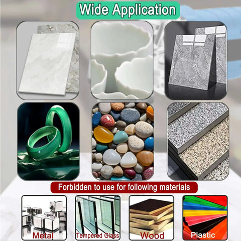 Diagram showing wide application of Diamond Core Drill Bit Set For Porcelain Tile Ceramic Marble Brick Stone Granite Vacuum Brazed For Angle Grinders 5/8-11 Thread And 1/4 Inch Shank Pro Grade Fast Cutting Smooth Holes Long Lasting Performance; not for metal, tempered glass, wood, or plastic.