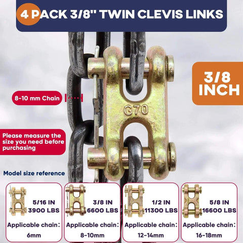 3/8 Inch Twin Clevis Links Pack Of 4 Alloy Steel Chain Repair Links for safety chains, 6600 lb working load, close-up view.