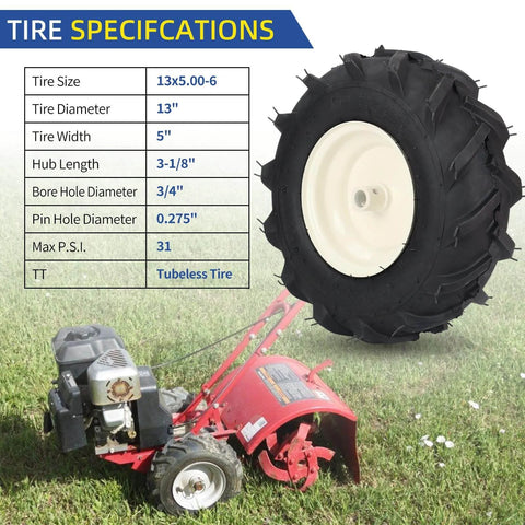 13x5.00-6 Tiller Tire And Wheel Kit Tubeless With 3/4 Inch Axle, 3-1/8 Inch Centered Hub next to red tiller.