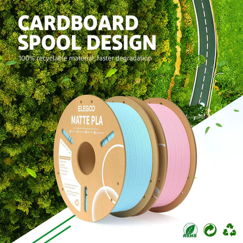 Cardboard spool design showcasing matte PLA filament in teal green and pink on a green foliage background.