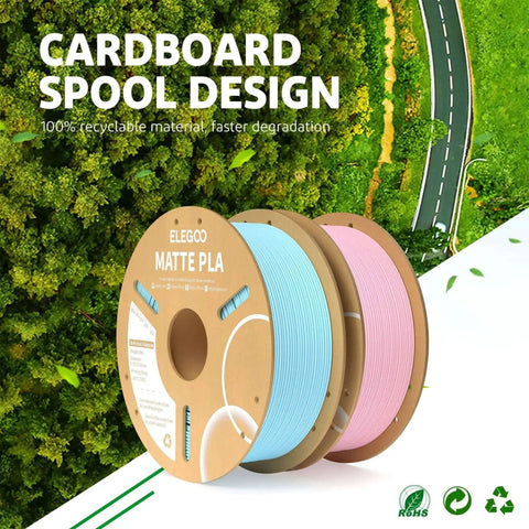 Cardboard spool design for matte PLA filament, showcasing eco-friendly materials with scenic background and text highlighting recyclability.