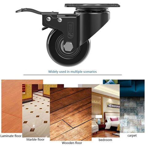Heavy Duty Caster Wheels With Brakes And Screws Set Of 4 Each Up To 440 Lbs Capacity Silent Rubberized Trolley Castors For Furniture Pallets Or Equipment No Floor Marks Smooth Mobility And Easy Maneuvering Black shown on various flooring types including laminate, marble, and wood.