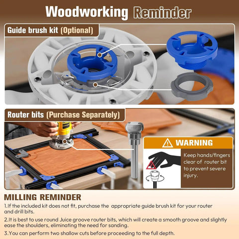 Router Jig For Cutting Boards, Adjustable Guide Fits Up To 18x18 Inches, close-up of guide brush kit and router bits in use.