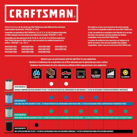 Craftsman vacuum replacement filter guide for 16 Gallon Wet Dry Shop Vacuum With 6.5 Peak HP Heavy Duty Power Detachable Leaf Blower Two In One Portable Vacuum With Filter Dust Bag Hose And Attachments For Garage And Outdoor Cleanup.