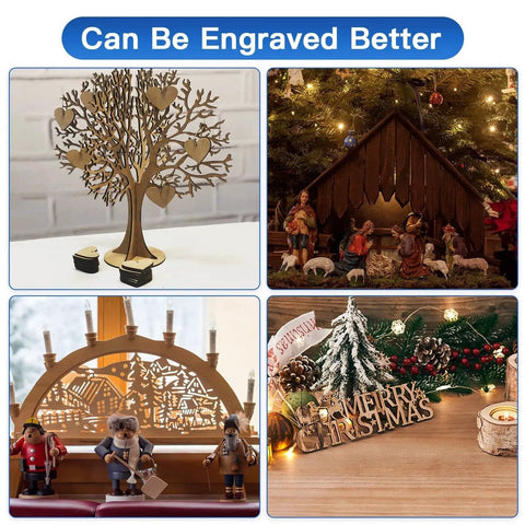 Collage of engraved wood decorations including a tree, nativity scene, arch with figures, and Christmas sign, enhanced with laser engraver.