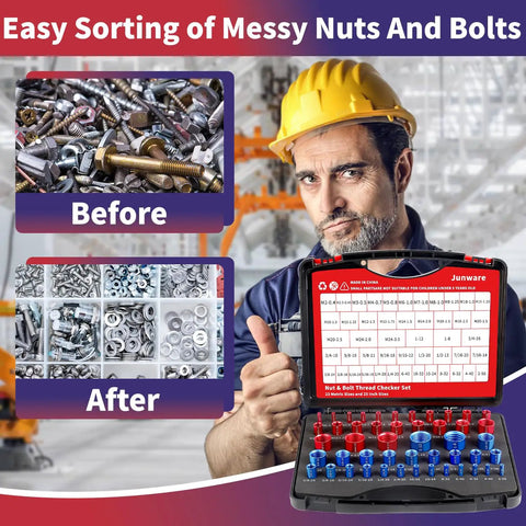 Before and after sorting nuts and bolts with the 48 Piece Nut And Bolt Thread Checker Kit With Handy Tool Box for comprehensive bolt size and thread gauge.