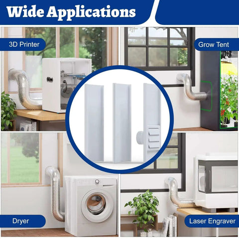 Window Vent Kit With Louvered Cover For 3 Inch And 4 Inch Vent Hose in use with dryer, laser engraver, and 3D printer.