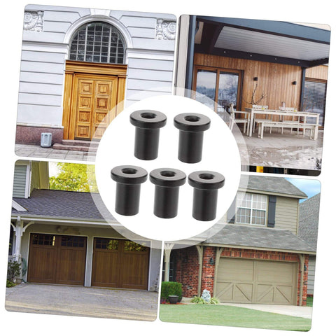 5 Pack Sliding Barn Door Spacers in black high-carbon steel displayed with examples of garage and room doors.