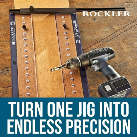 Self Centering Shelf Drilling Jig For Straight Holes, Quick Setup Drill Guide And Adjustable Shelf Template For Woodworking on table with drill