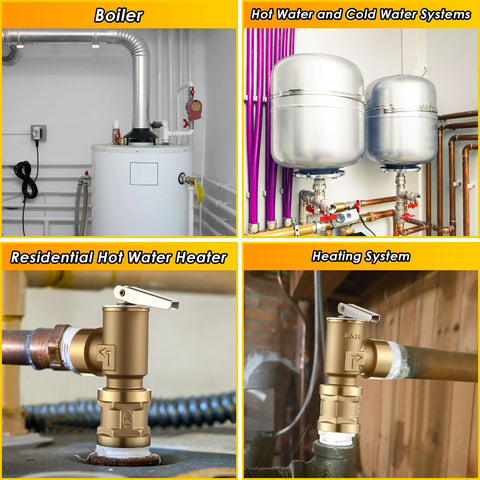 Pressure relief valve installed on residential boiler with white tank and vent pipe
Expansion tanks for hot and cold water system with copper piping
Brass pressure relief valve with lever on hot water heater inlet, threaded PTFE tape
Close-up brass pressure relief valve on heating system pipe