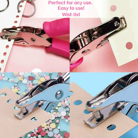1/4 Inch Pink Handheld Circle Hole Punch for Crafting displayed punching paper and cardstock.