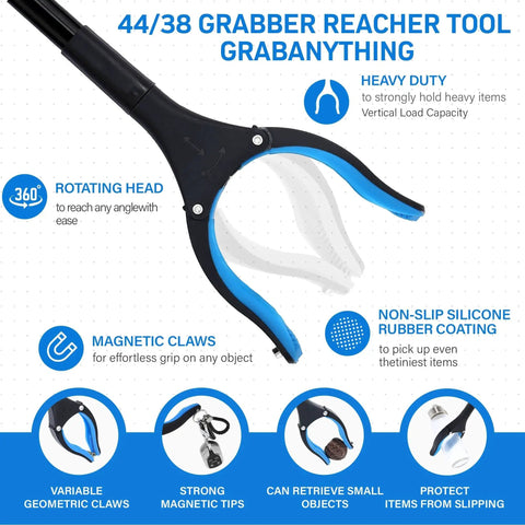 An image of a 44/38 Grabber Reacher Tool with rotating head and non-slip silicone claws, used for picking up items with ease.