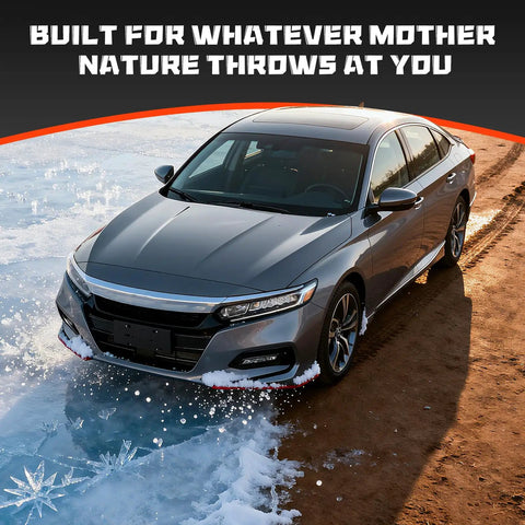 Silver car on icy road with text 'Built for Whatever Mother Nature Throws at You'