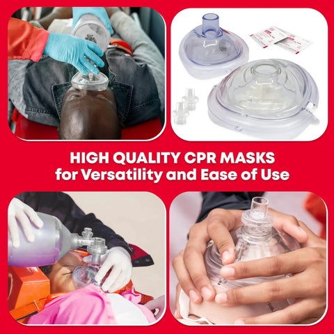 Adult And Infant CPR Mask Kit With One Way Valves, Gloves, And Alcohol Prep Pads For Rescue displayed with use examples