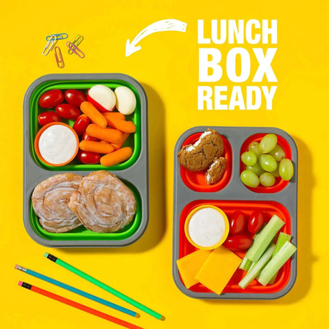 Lunch box ready with Soft Honey Buns Pastries Pack With Cinnamon Honey Glaze, plus veggies, cheese, and fruit, on a yellow background.