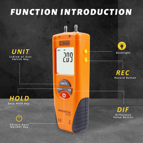 ZIBOO ET1013 digital manometer handheld HVAC pressure tester with dual ports and backlit LCD, orange