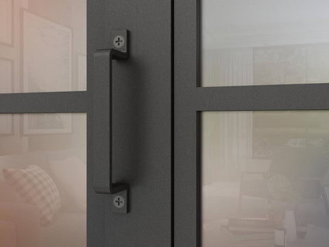Close-up of handle on Frosted Glass Double Bi Fold Barn Doors with Black Steel Frame 48 Inch By 84 Inch Three Quarter Lites