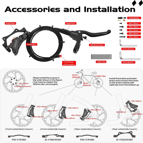 DYISLAND E-Bike hydraulic disc brake set, front & rear, black with 180mm rotors; 4/2-piston calipers, mineral oil.