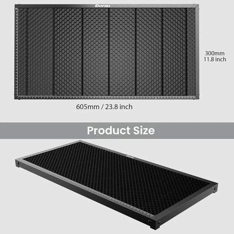 605x300mm Honeycomb Laser Bed For P2 And P2S CO2 Laser Cutter, Steel Honeycomb Cutting Bed With Silicone Feet, shown in black with size dimensions.