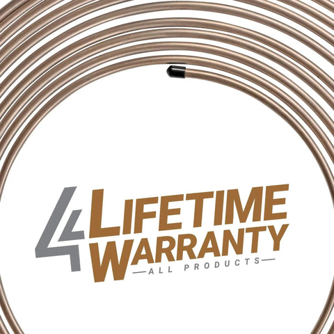 Copper-nickel brake line tubing coil set, close-up view with black end caps
