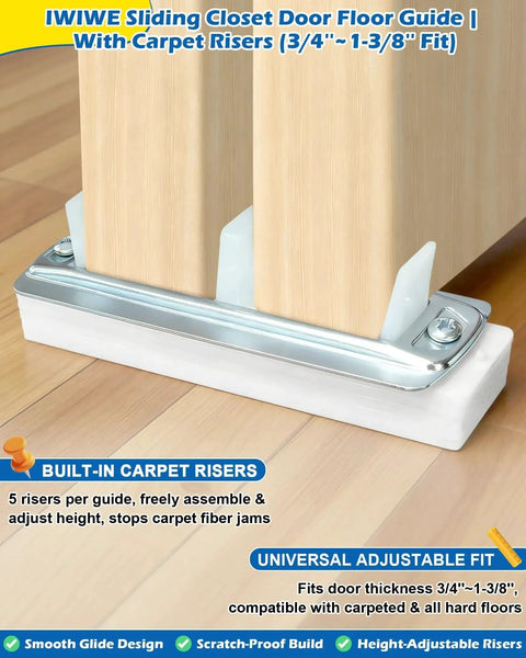 Adjustable Sliding Closet Door Floor Guides With Carpet Risers, 2 Pack, Universal Fit For 3/4 To 1-3/8 Inch Thick Doors, detachable risers