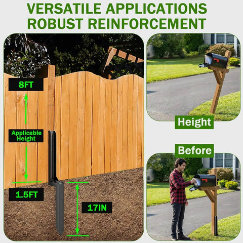 Heavy Duty Fence Post Repair Kit 2 Pack Steel Anchor Stakes illustrating versatility and robust reinforcement for wood posts.