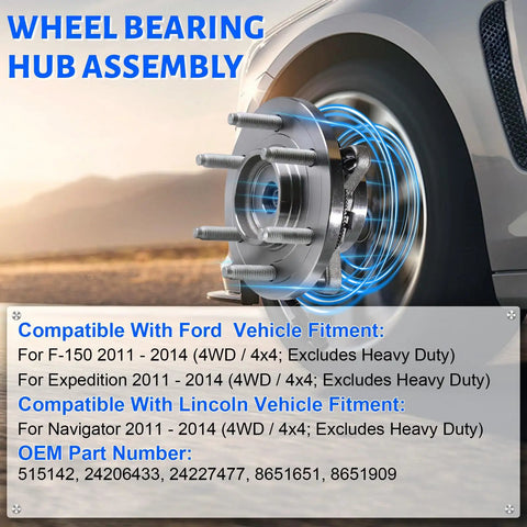 Front Wheel Bearing Hub Assembly 515142 For 4x4 6 Lug Trucks ABS Compatible Fits Lincoln Navigator 2011-2014 Ford F-150 2011-2014 Expedition 2011-2014 4WD shown in vehicle installation view.