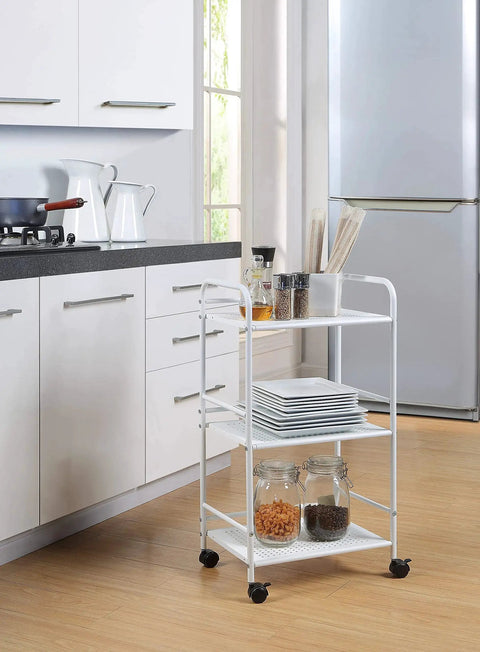 Three Tier Rolling Utility Cart With Metal Shelves On Wheels White Finish For Kitchen Office And Home Organization, in use.