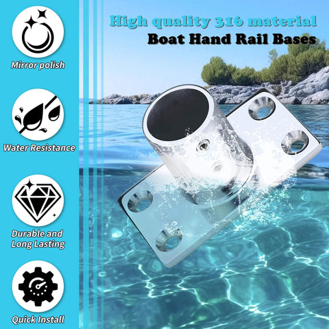Beefy Heavy Duty Marine Grade 316 Stainless Steel Hand Rail Bases For Seven Eighths And One Inch Tubes With 90 Degree Rectangular Fittings
