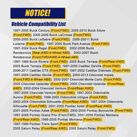 Compatibility list for Front/Rear Sealed Wheel Hub and Bearing Assembly 513121 for GM models with FWD/AWD and ABS.