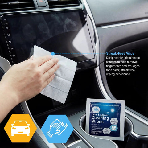 Person using Anti Fog Lens And Screen Cleaning Wipes For Eyeglasses And Devices Premoistened on a car infotainment screen