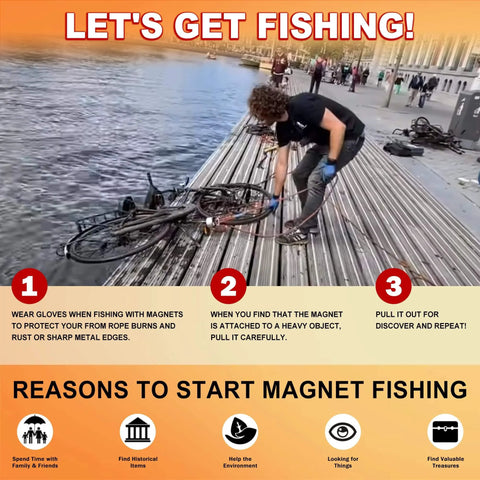Person using Double Sided 1320Lbs Neodymium Fishing Magnet Kit With 100 Ft Rope Includes Gloves Thread Locker Grappling Hook Carrying Bag And Locking Carabiners For Treasure Hunting And Metal Detecting to pull bike from water on dock.