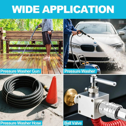 Composite image showing various uses of a Premium 4 Piece Pressure Washer Quick Connect Fittings Set With One Quarter Inch NPT Female And Male Threads Stainless Steel Hose Adapters Easy Quick Connect For Most Pressure Washers Corrosion Resistant Connector Kit Includes 2 Sets including cleaning a deck, car washing, and hose connections.