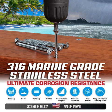 Marine Grade 316 Stainless Steel Wood Screws Size 10 By 3 Inch With Torx T25 Drive 350 Pack against outdoor decking.