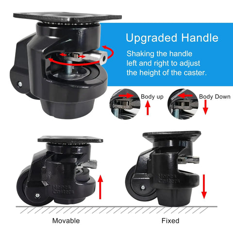 Self Leveling Swivel Caster With Ratchet Handle And Retractable Plate for workbenches and machines, heavy duty, nylon wheels.