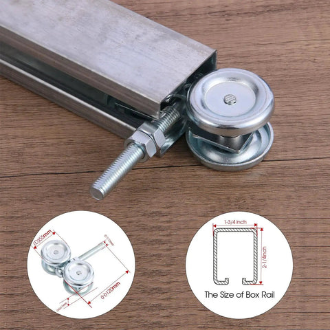 Heavy Duty Exterior Sliding Barn Door Roller Kit With Track Wheels For Doors From One And Three Quarters Inch To Two And One Quarter Inch, Solid Steel With Sealed Ball Bearings, 440 Lb Weight Capacity, Durable 2 Pack For Barn Gates And Shed Doors close-up showing steel wheels and track details.