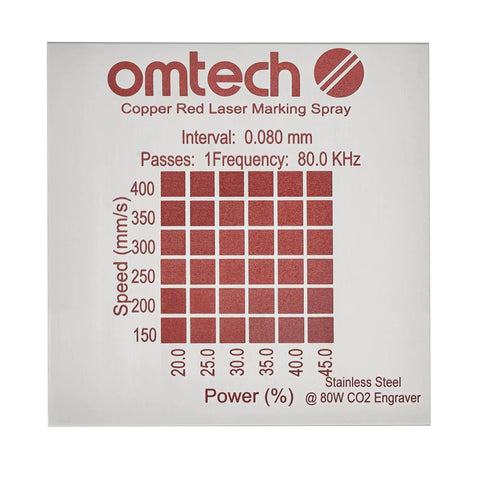 Red Laser Marking Spray For CO2 And Fiber Lasers 8oz High Contrast Permanent Marks On Bare Stainless Steel With 25W Plus Engravers Ideal For Precise Laser Engraving On Metal And Stainless Steel Projects, speed and power chart visible.