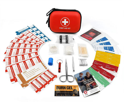 Open Travel Ready 100-Piece First Aid Kit In A Water-Resistant Hard Shell Case with supplies spread out, ideal for emergencies.
